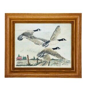 Vintage Canadian Geese In Flight Farm Scene Marble Etching Framed Signed